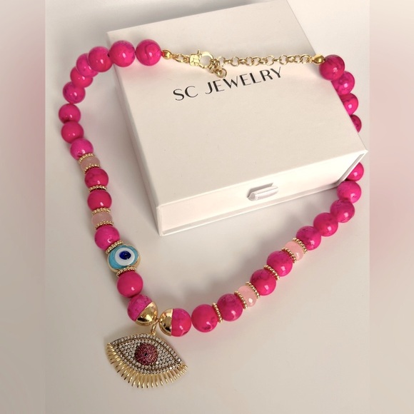 Gemstone Necklace | 22K Gold Plated Pink Agate Stone | Handcrafted Jewelry - Picture 3 of 8